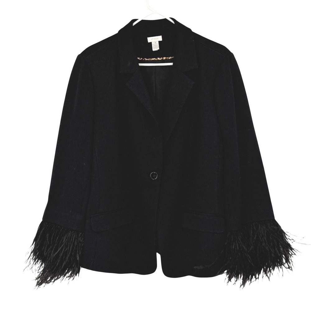 Chico's Black Feather Cuff Ponte Blazer Jacket Size 3 XL Single Button Party